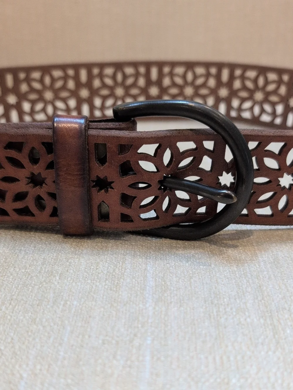 Brown Laser-Cut Floral Leather Belt Gunmetal Buckle Adjustable